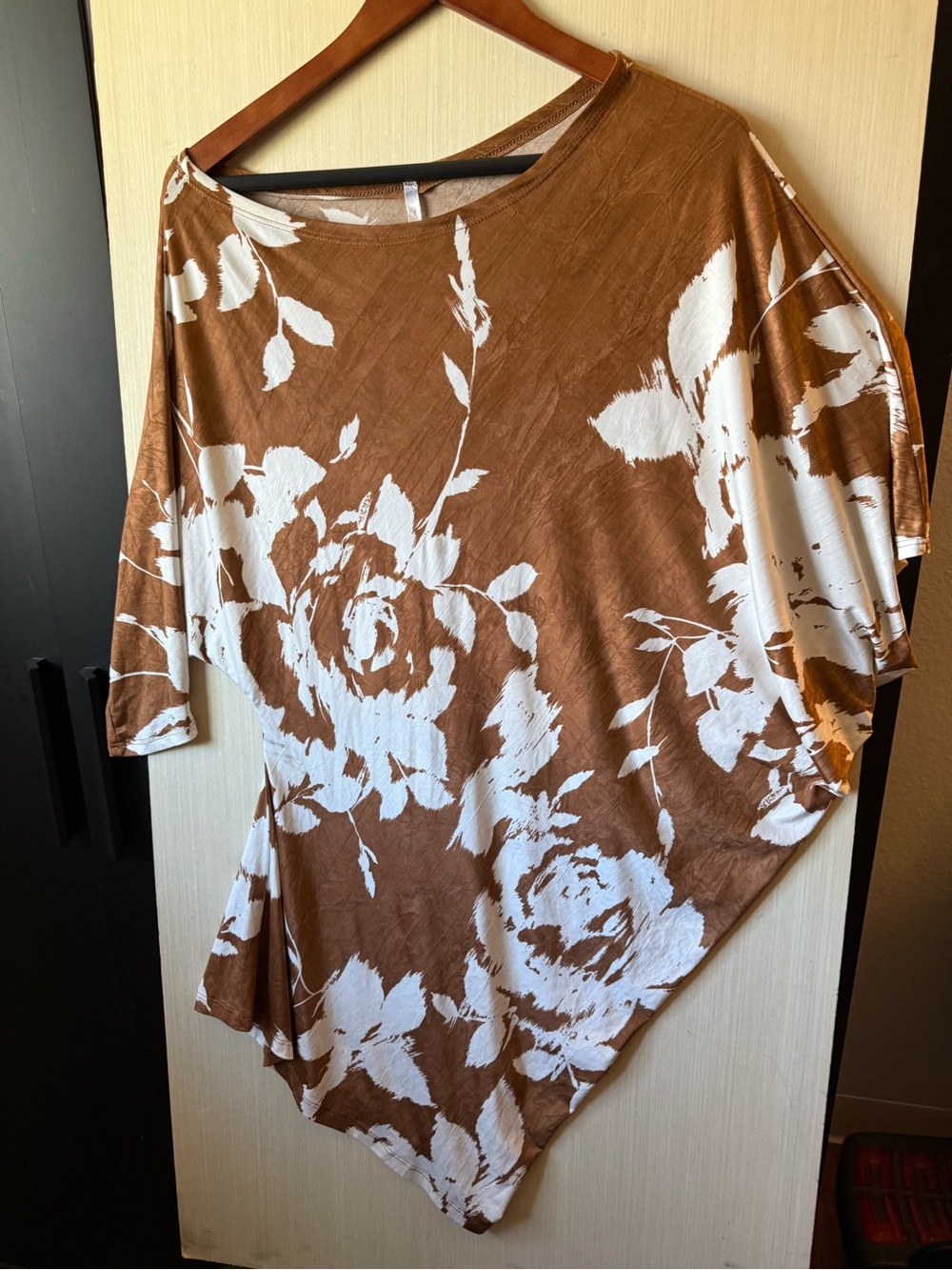 Women's Brown Floral Asymmetric Dolman Top